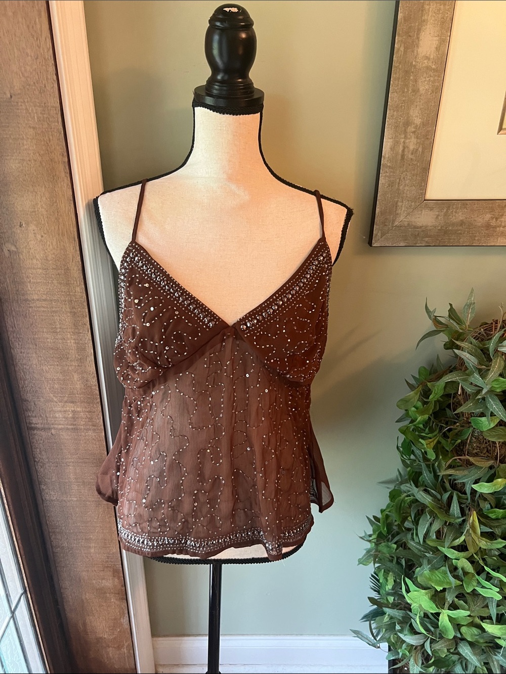 Live 4 Truth Brown Beaded Sheer Spaghetti Strap Camisole